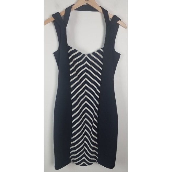 Guess Women's Sz. 10 Navy & White Striped Knit Bandage Knee Length Dress - Picture 1 of 11